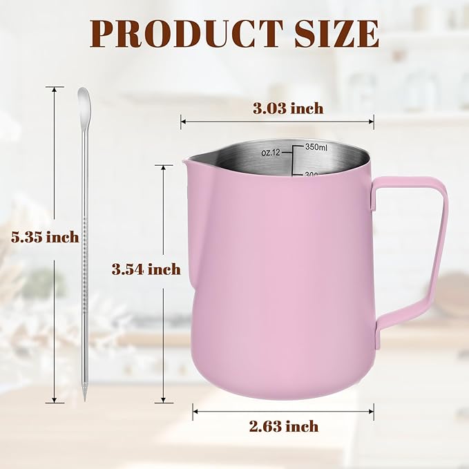 Milk Frothing Pitcher, 12 oz Milk Frother Cup with Clear Scale, 304 Stainless Steel Cappuccino Espresso Machine Accessories for Barista Coffee Bar with Latte Art Pen, Pink