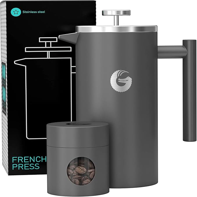 Coffee Gator 304 Grade Stainless Steel French Press Coffee Maker 34 oz, Double Wall Insulated Hot Cold Brew Teapot with 4-Level Filtration System, Include Travel Jar Canister, Rust-Free, Kitchen, Gray