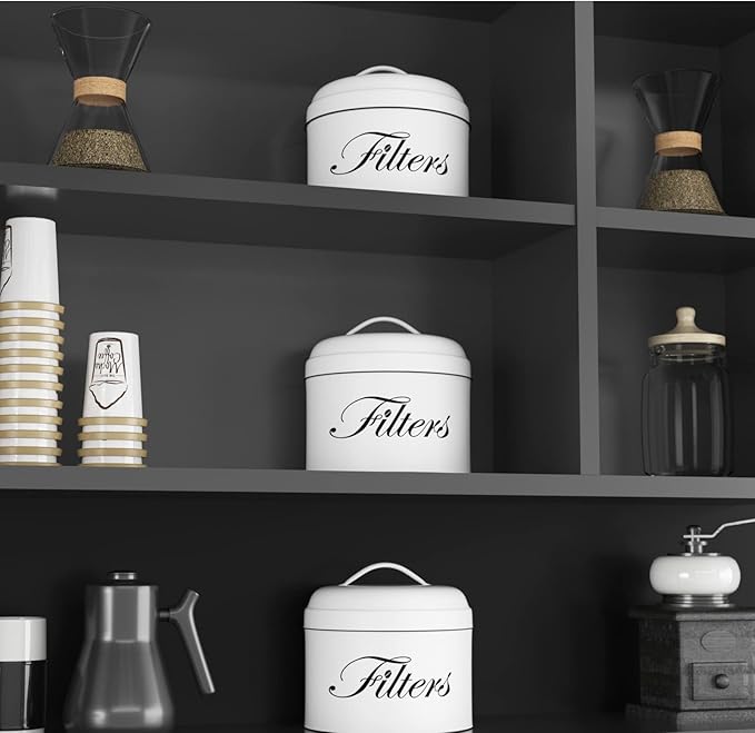 Coffee Filter Holder, White Basket Coffee Filter Storage with Lid, Round Coffee Filter Container for Counter, Rustic Farmhouse Coffee Bar Accessories Decor (White)