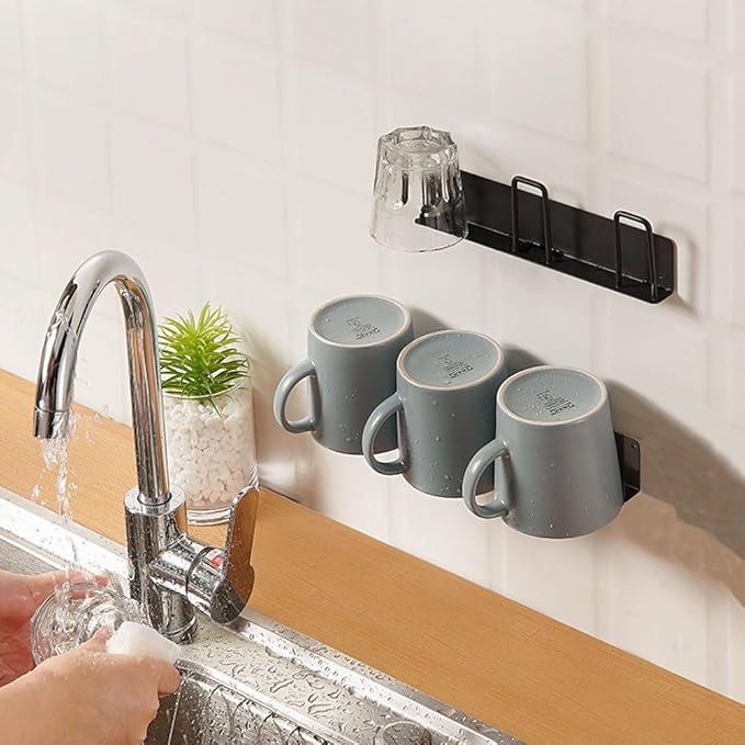 2pcs Mug Hooks Wall-Mounted Mug Holder, Coffee Cups Holder Hanger no Drilling,Mug Rack Hooks with 3 Cup Holders,Cups Storage Hooks for Kitchen, Living Room, Office (Black-3cup)