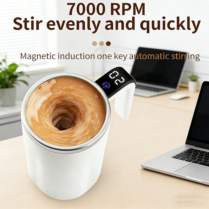 Electric Coffee Mug with a Built-in LCD Thermometer, Automatic Magnetic Stirring Coffee Mug, 380ML/13OZ, Stainless Steel Self Stirring Cup with Lid, Perfect for Brewing Coffe-e, Milk, Cocoa (Pink)