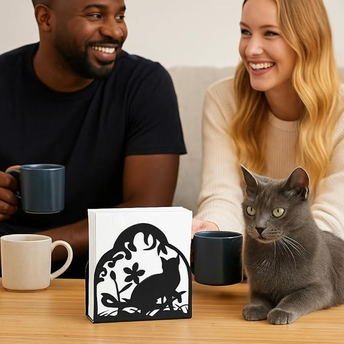 Decorative Metal Napkin Holder Set – Cat & Floral Design – 2 Sizes for Everyday & Cocktail Napkins – Black Modern Kitchen Coffee Filter Holder for Size #2 & #4 coffee filters.