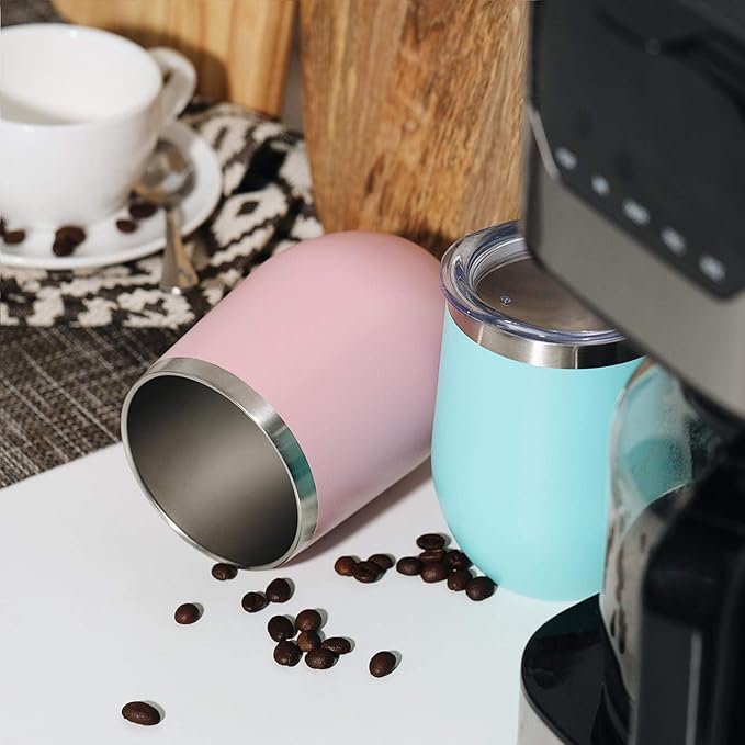 MEWAY 12 OZ/8 Pack Wine Tumbler Glasses with Lid - Stemless Double Wall Vacuum Stainless Steel Travel Tumbler - Keeping Cold & Hot for Wine,Coffee,Cocktails,Drinks-Family and Gifts (Pink,Set of 8)