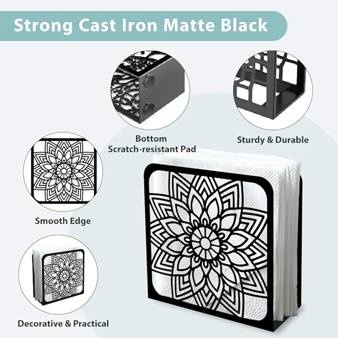 Mandala Sunflower Decorative Black Metal Napkin Holder for Table, 4.9" x 4.9" x 1.9" Sunflower Standing Napkin Holder for Home Kitchen Restaurant Picnic Party Coffee Bar Dining Room
