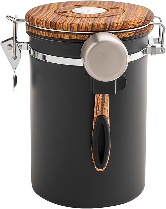 TEDSWAIT Coffee Canisters Airtight Coffee Bean Storage Container Kitchen Stainless Steel Food Storage Container with Scoop Date Tracker & CO2 Valve 61Fl Oz (Black)