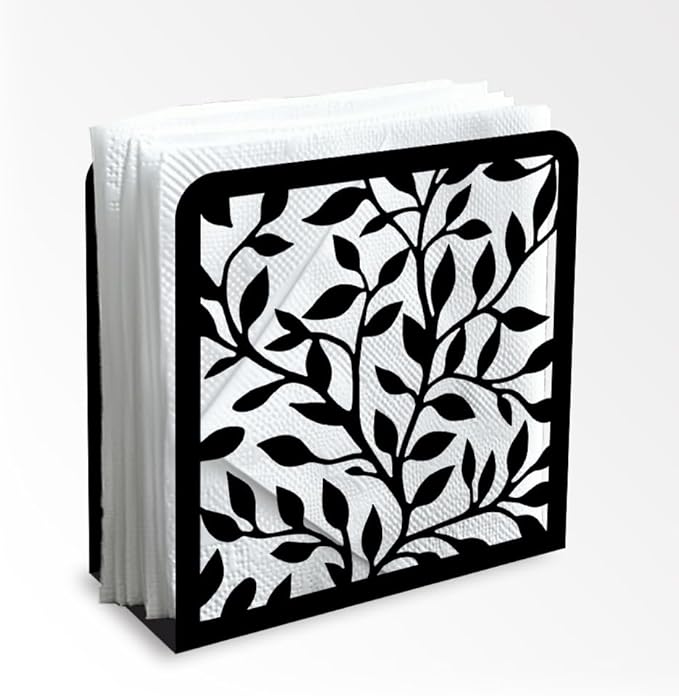 Leaves and Branch Decorative Black Metal Napkin Holder for Table, 4.9" x 4.9" x 1.9" Standing Napkin Holder for Home Kitchen Restaurant Picnic Party Coffee Bar Dining Room