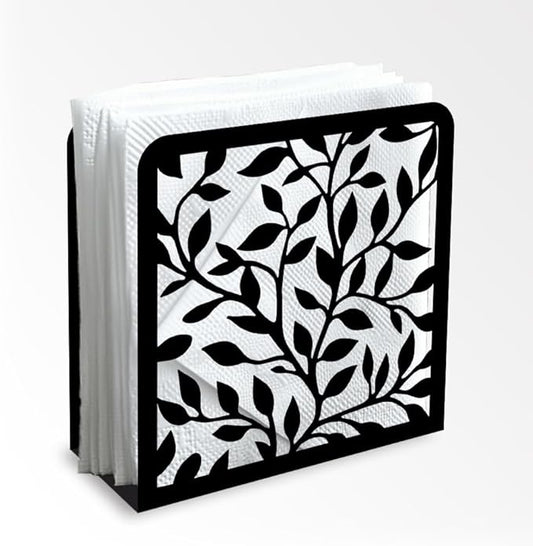 Leaves and Branch Decorative Black Metal Napkin Holder for Table, 4.9" x 4.9" x 1.9" Standing Napkin Holder for Home Kitchen Restaurant Picnic Party Coffee Bar Dining Room