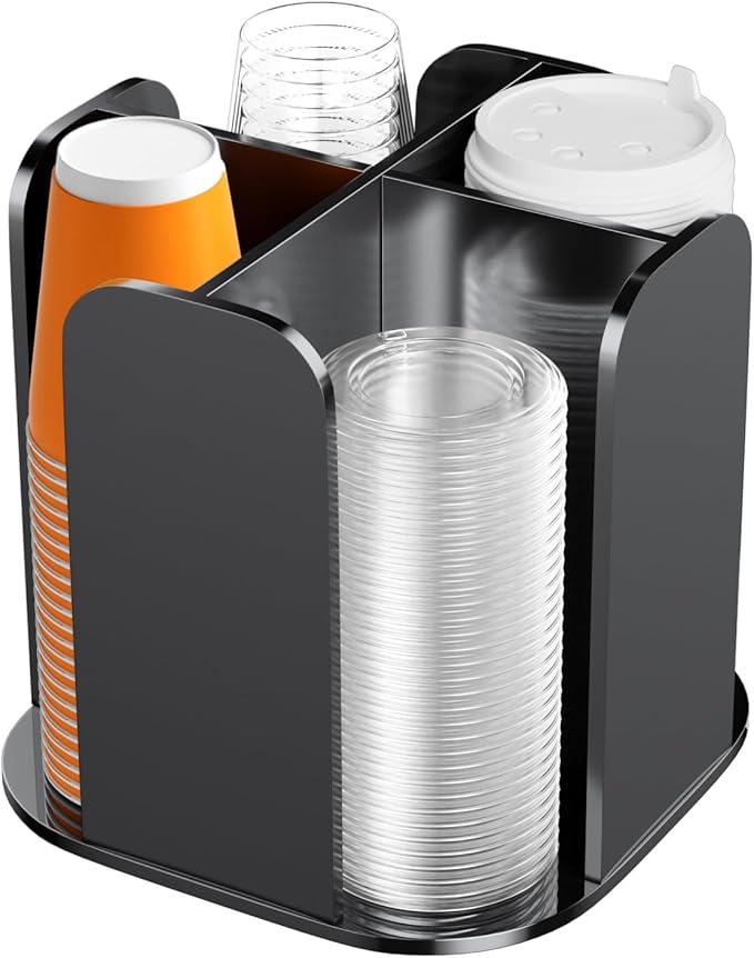 Beego Coffee Cup Holder Organizer - Rotatable 4 Compartments Black Acrylic Cup Dispenser Station With Lid Carousel - Countertop Plastic Cup Holder for Restaurant Breakroom Bar Accessories