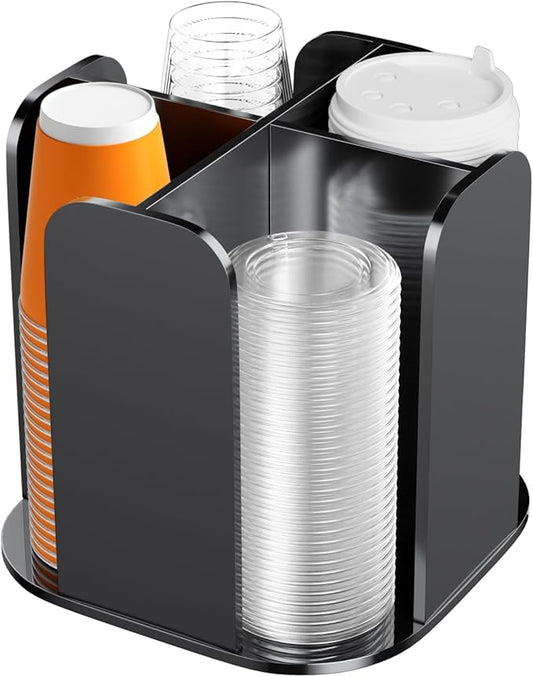 Beego Coffee Cup Holder Organizer - Rotatable 4 Compartments Black Acrylic Cup Dispenser Station With Lid Carousel - Countertop Plastic Cup Holder for Restaurant Breakroom Bar Accessories