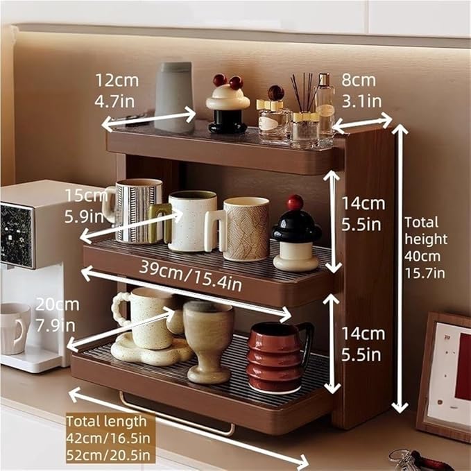 Wooden Trapezoid Mug Holder Stand Coffee Cup Display Shelf with Acrylic Panel and Copper Base Tea Mug Rack for Kitchen Room Decor