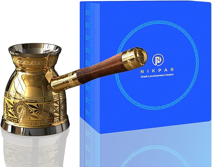 NIKPAR Luxury Greek Coffee Pot Macedonian Collection - Turkish Coffee Pot for Most Type of Stove Top, Arabic Coffee Maker Cezve, Ibrik, Briki with Detachable Handle & Luxury Gift Box (10 oz Small)
