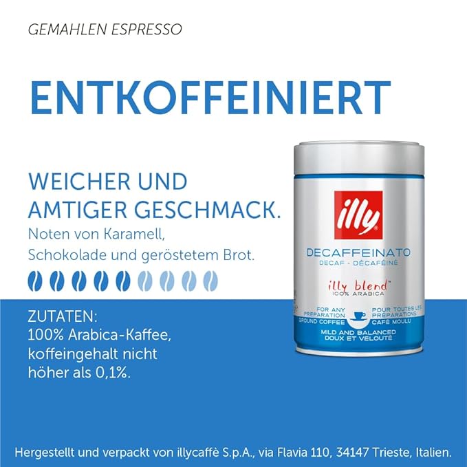 illy Ground Coffee Espresso - 100% Arabica Coffee Ground – Classico Decaf Roast - Notes of Caramel, Toasted Bread & Chocolate - Rich Aromatic Profile - Precise Roast - No Preservatives – 8.8 Ounce