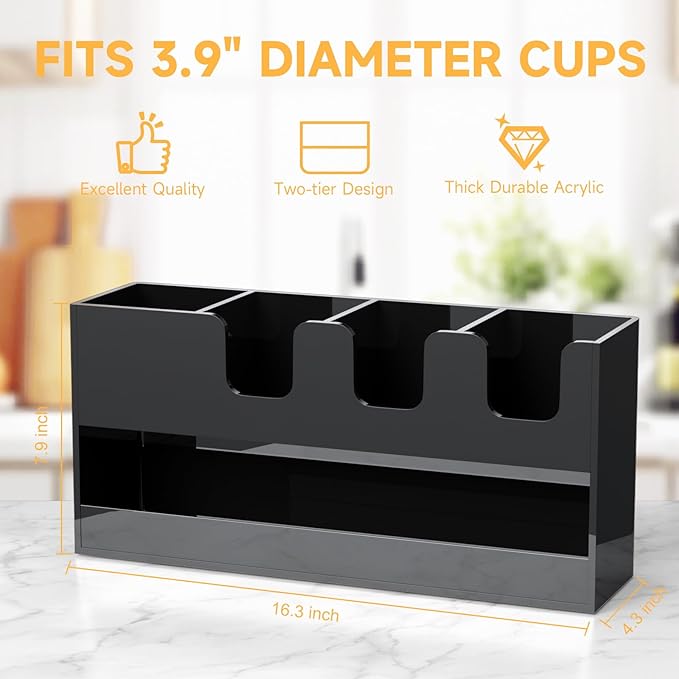 Coffee Condiment and Cup Organizer - 2-Tier Upright Cup and Lid Holder with Straw Organizer 5 Compartments Black Acrylic Cup Dispenser for Restaurant Breakroom Coffee Station Countertop