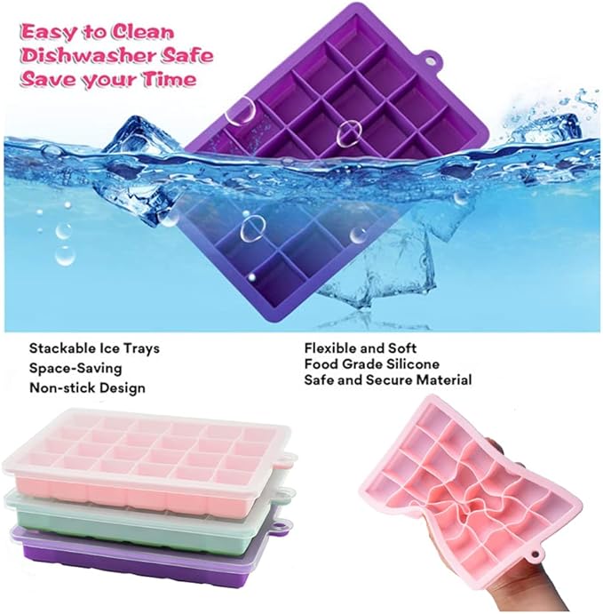 Ice Cube Tray, 3 Pack Silicone Ice Cube Molds, Ice Cube Trays, Silicone Ice Trays, Easier to Release, BPA Free for Alcohol/Coffee/Beverages (Pink, Light blue, Purple)