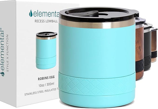 Elemental Recess Lowball Tumbler, 10oz Triple Wall Stainless Steel Cup with Non-Shattered Tritan Lid, Insulated Whiskey Glass, Insulated Coffee Tumbler Mug for Hot & Cold Drinks - Robin's Egg
