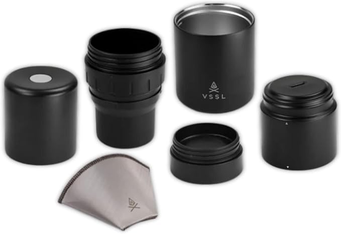 VSSL - Nest Pour Over Coffee Kit | Coffee Maker for Camping | All-In-One Travel Pour Over | Transportable Dripper, Two 10oz Stainless Steel Travel Mugs | Compact Storage & Adventure Ready | Black