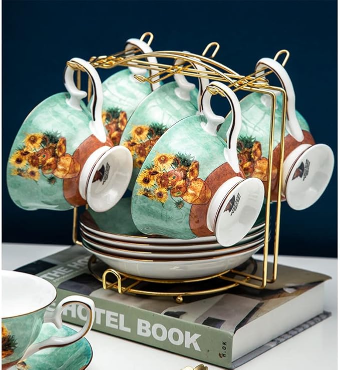 YY YEARCHY Coffee Mug Holder, Espresso Cups Holder Drainer Stand Metal Mug Tree Organizer with 6 Hook Hangers for Kitchen Counter and Tea Party (7.48 * 8.27", Gold)