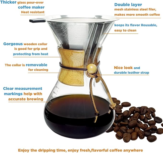 Subjectthree Pour Over Coffee Dripper 8 Cup Glass Coffee Maker Carafe Pot with Filter for Home Office Camping Easy Clean (8 Cup/28 oz)