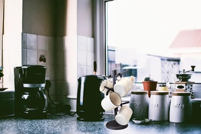 Black Coffee Mug Holder, Non-Slip Cup Tree With 6 Hooks for Counter, Rack (Black)