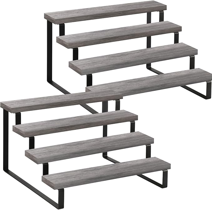 YINMIT Wooden Display Riser Stand, Tiered Perfume and Cologne Organizer Stand, 4 Tier Spice Rack Organizer, Rustic Display Shelf for Candles (4 Tier,2Pack,Grey)