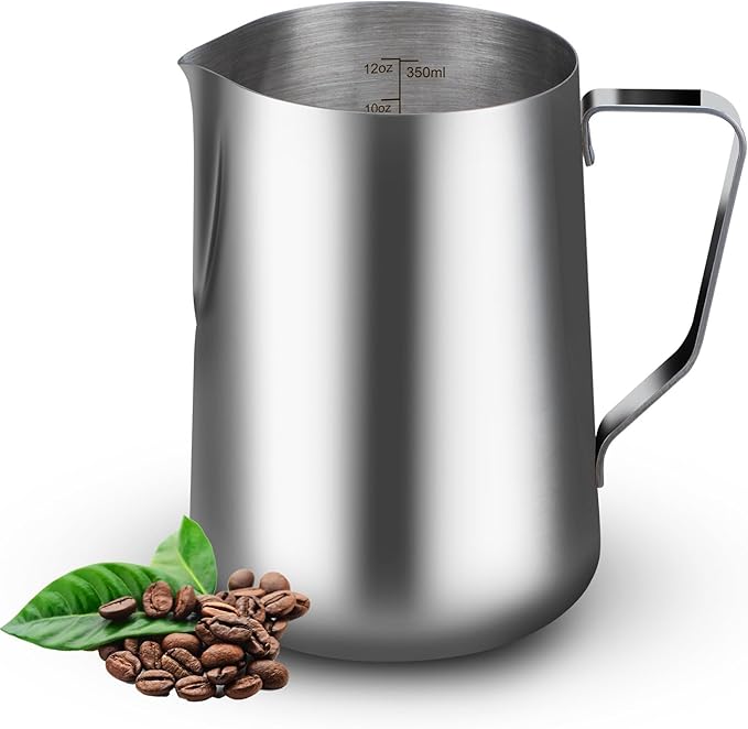 32oz Milk Frothing Pitcher with Latte Art Pen-Stainless Steel Steaming Jug for Espresso, Cappuccino & Coffee-Heat-Resistant, Dripless Spout, Measurement Scale, Dishwasher Safe (900ml/32oz)