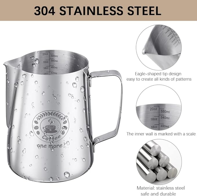 Milk Frothing Pitcher 20oz, Stainless Steel Espresso Steaming Jug with Latte Art Pen, Professional Coffee Milk Frother for Latte, Cappuccino, Macchiato & Hot Chocolate