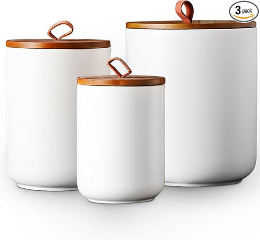 JOJUNO White Ceramic Food Storage Canister Set (30 oz, 48 oz, 82 oz) with Bamboo Lids, 3-Piece Airtight Jars for Flour, Sugar, Coffee, Tea, Oats, Spice – Kitchen Storage Containers with Lids