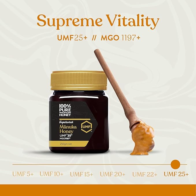 100% Pure New Zealand Manuka Honey, Certified UMF 25+ (MGO 1197+) Raw Manuka Honey, 8.8 Oz (250g)
