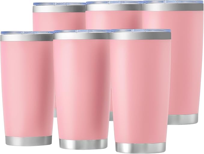 OMTech 20oz Tumblers Bulk, 6pc Stainless Steel Tumbler Set with Lid & Straw, Double Wall Vacuum Insulated Mug for Laser Engraver, Travel Coffee Mug for Hot & Cold Drinks, Pink Powder Coated Cup