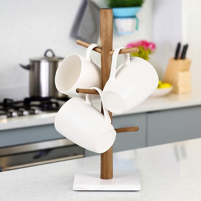 Buruis Wood Mug Holder, Marble Base Cup Rack Tree, Cup Stand Hanger, Kitchen Coffee Mug Tree Countertop Tea Cups Holder Stand, Coffee Mugs Dryer with 6 Hooks, White