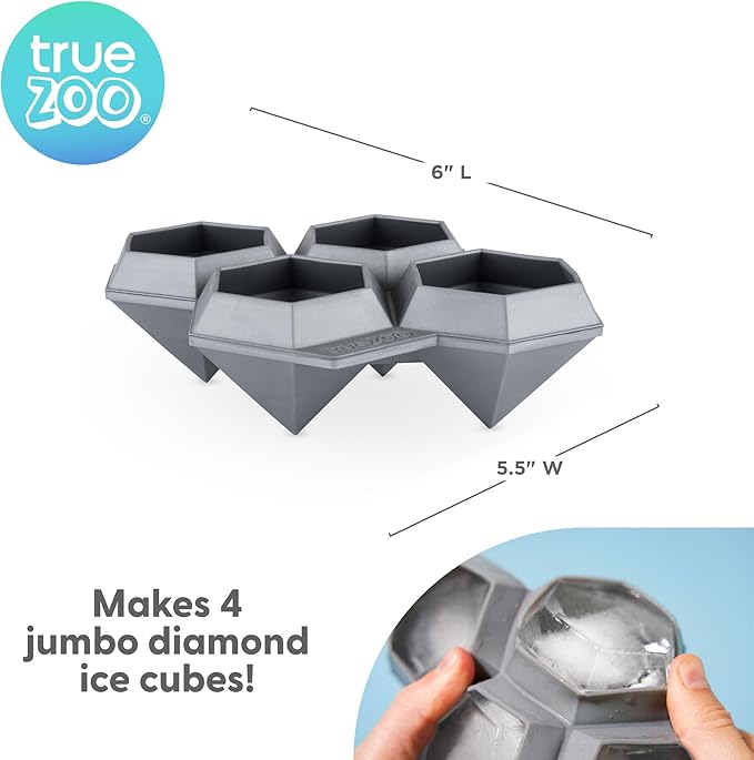 TrueZoo Jumbo Iced Out Diamond Ice Tray, Easy Release Silicone Ice Mold for Whiskey, Cocktails, Spirits, Iced Tea, Beverages, Bar Cart Accessories, Kitchen & Home Bar Gifts, Set of 1, Grey