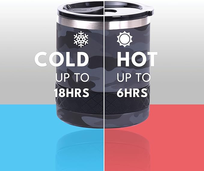Elemental Recess Lowball Tumbler, 10oz Triple Wall Stainless Steel Cup with Non-Shattered Tritan Lid, Insulated Whiskey Glass, Insulated Coffee Tumbler Mug for Hot & Cold Drinks - Black Camo