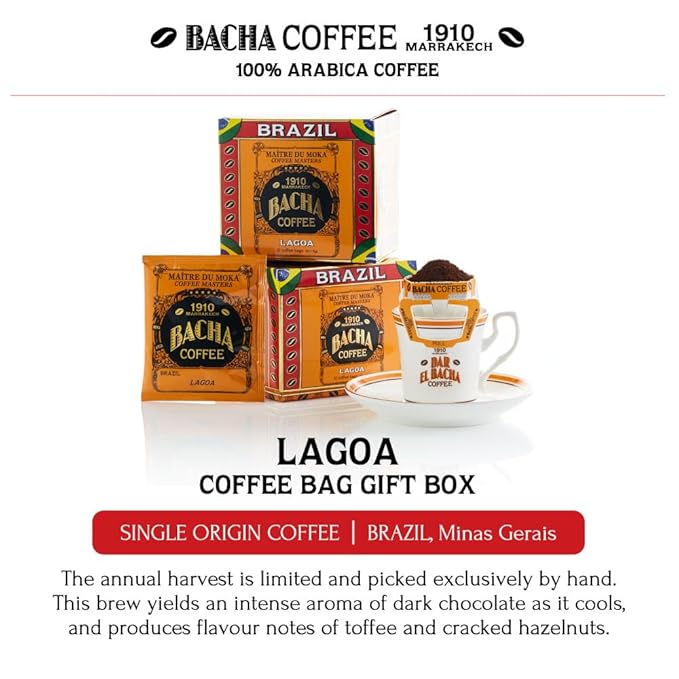 Bacha Coffee | Lagoa Brazil Single Origin, 100% Arabica Specialty Coffee Beans, Medium Light Roast, x12 Individually Wrapped Single Serve Filter Bags