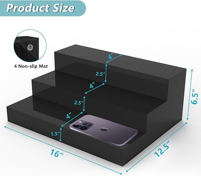 Liquor Bottle Display Shelf, Black Acrylic Riser Display Stand, Bar Shelves for Liquor Bottles, 3 Tier Shelf Organizer for Alcohol Figures Coffee Syrup Display, 16" L x 12.5" W x 6.5" H, Black