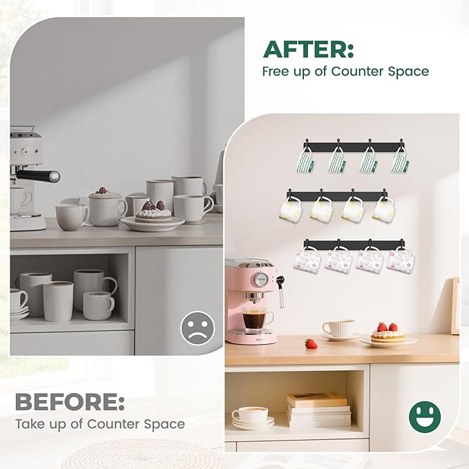 EsLuker.ly Mug Holder Rack Coffee Cup Hanger Wall Mount, Metal Wall Cup Shelf Organizer Stand with 12 Hooks, Fits Most Mugs Display for Home Kitchen, Easy to Install, Set of 3, Black