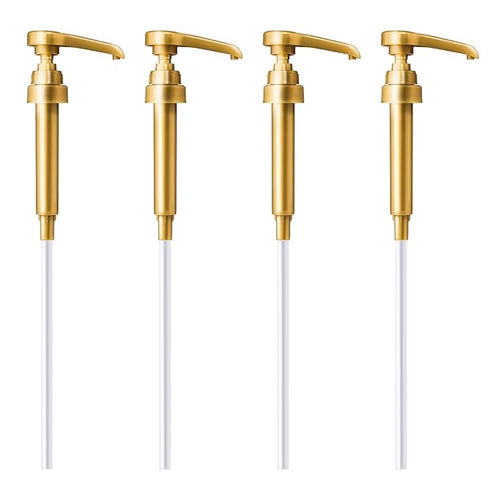 Four gold metal soap dispenser pumps with long white tubes on white background
