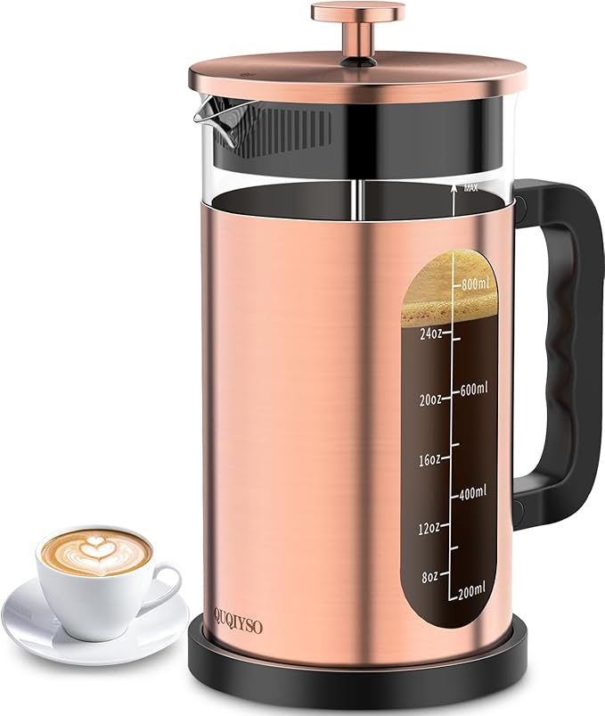 QUQIYSO French Press Coffee Maker, 304 Stainless Steel French Press with 4 Filter, Heat Resistant Borosilicate Glass, Easy to Clean, BPA Free Coffee Press Rust-Free Coffee Maker, 34 ounce, Copper