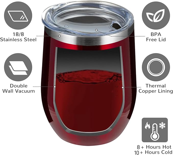 MEWAY 12oz/12 Pack Wine Tumbler Glasses with Lid -Double Wall Vacuum Stainless Steel Travel Tumbler Mug,Stemless Insulated Wine Cup for,Coffee,Cocktails,Gifts (Burgundy,Set of 12)