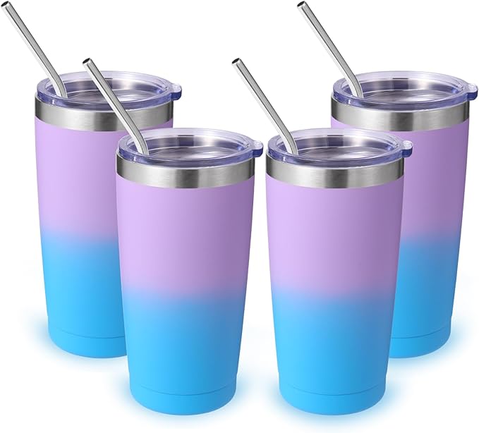 Volhoply 20oz Stainless Steel Tumbler with Lid and Straw Bulk 4 Pack,Double Wall Insulated Travel Iced Coffee Mug Fits Cup holder,Powder Coated Cups for Hot/Cold Drinks,Gifts for Women（lavender,4 Set）