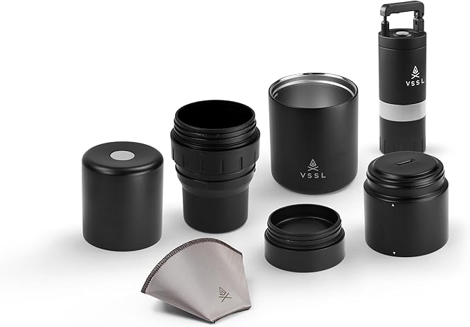 VSSL Nest Pour Over Coffee Kit + Java G25 Grinder Gift Set, Contains Two 10 Oz Mugs, Splash Proof Lid, Pour Over Coffee Dripper, Java G25 Grinder and Storage Connector, Black