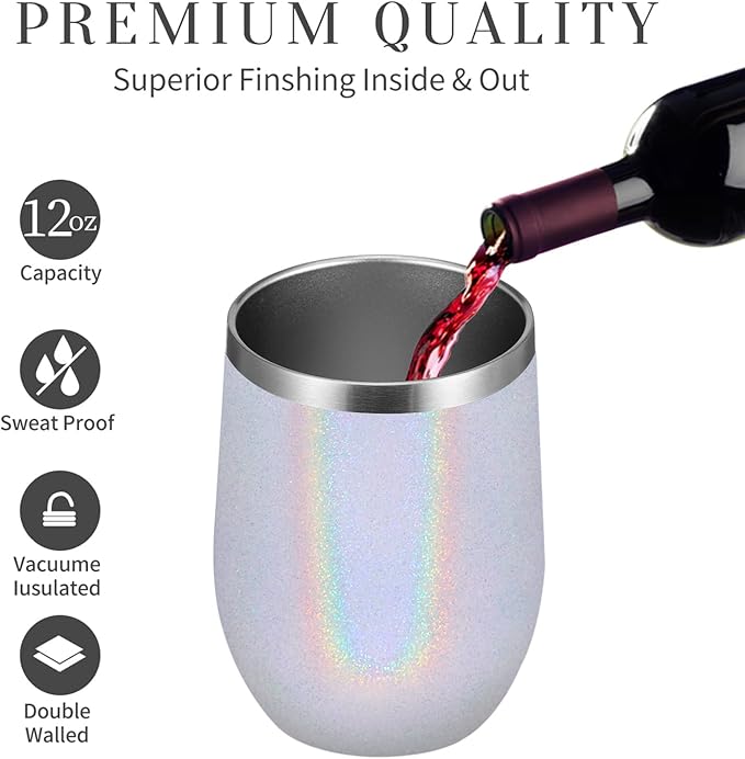 MEWAY 12oz/8 Pack Wine Tumbler Glasses with Lid - Stemless Double Wall Vacuum Stainless Steel Glitter Tumbler - Keeping Cold & Hot Cup for Coffee,Gift for Women(Rainbow White,Set of 8)