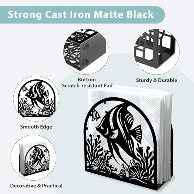 Tropical Fish Decorative Black Metal Napkin Holder for Table, 4.9" x 4.9" x 1.9" Standing Napkin Holder for Home Kitchen Restaurant Picnic Party Coffee Bar Dining Room