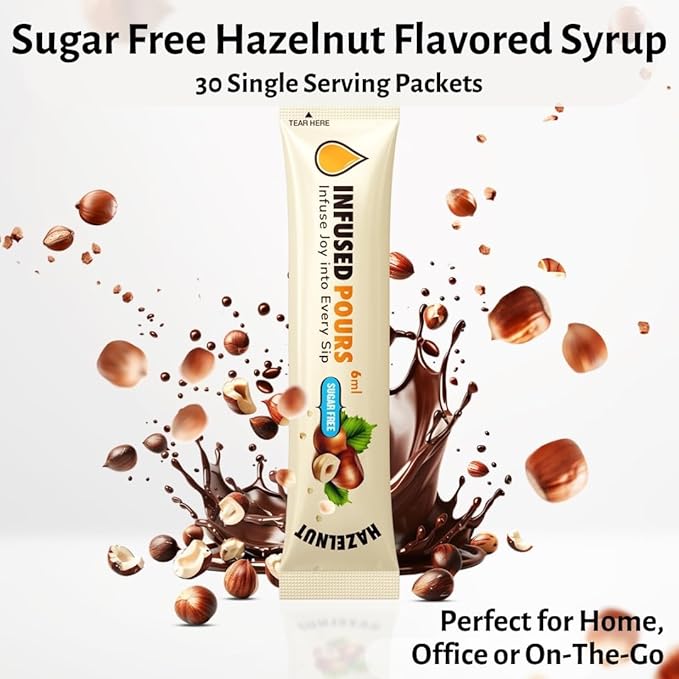 Single Serving Sugar Free Hazelnut Syrup Packets for Coffee and Cocktails - 6mL Each, 30 Count - Bag of Syrups by Infused Pours (6mL, Sugar Free Hazelnut)