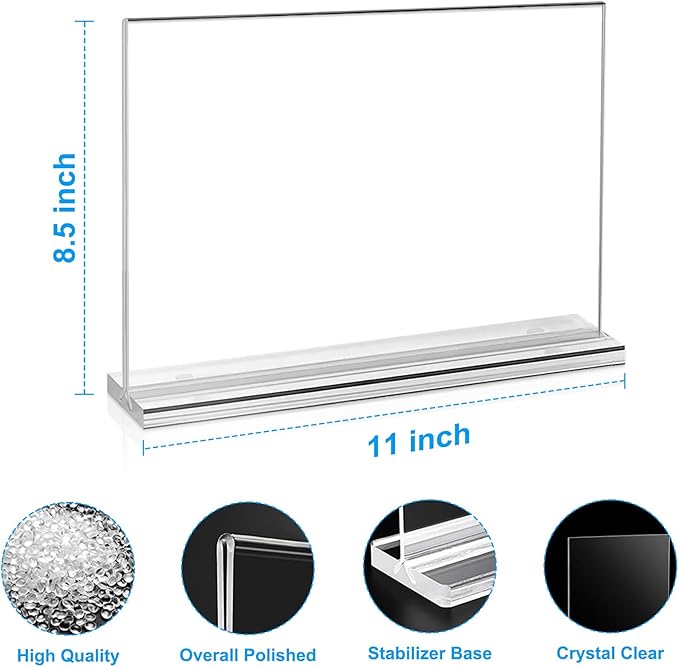 10 Pack Acrylic Sign Holder 11 x 8.5 Horizontal, Double-Sided Stand up Table Top Sign Holders, Clear Acrylic Picture Frame Menu Flyer Paper Holder Display Stand for Office Business Store Wedding Party