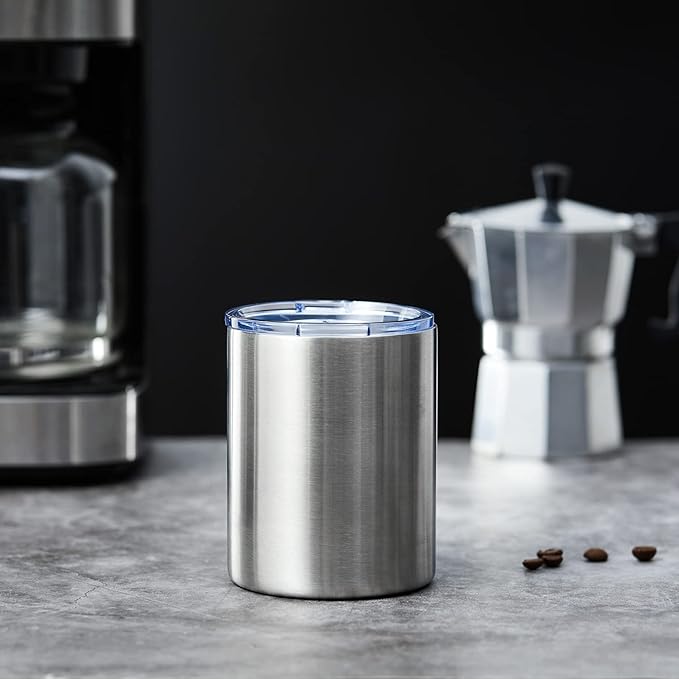 MEWAY 12 oz Lowball, Tumbler Stainless Steel Double Wall Vacuum Insulated Mug with Straw and Lid, Cleaning Brush ，Durable Powder Coated Insulated Coffee Cup for Cold & Hot Drinks (Silver,4 pack)