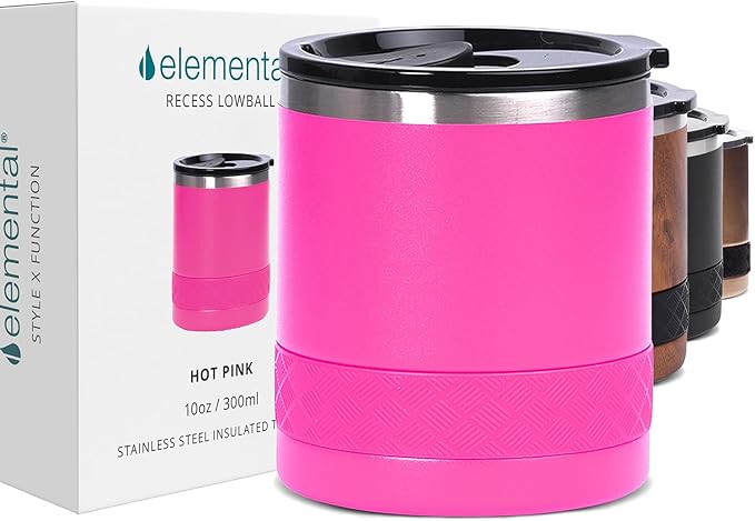 Elemental Recess Lowball Tumbler, 10oz Triple Wall Stainless Steel Cup with Non-Shattered Tritan Lid, Insulated Whiskey Glass, Insulated Coffee Tumbler Mug for Hot & Cold Drinks - Hot Pink
