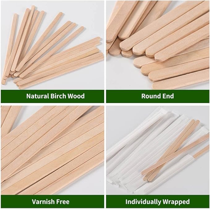 500pcs Individually Wrapped Coffee Stirrers Wood - 7" Coffee Stir Sticks, Round End Disposable coffee stirrer, For Coffee, Cocktail and Hot Drinks