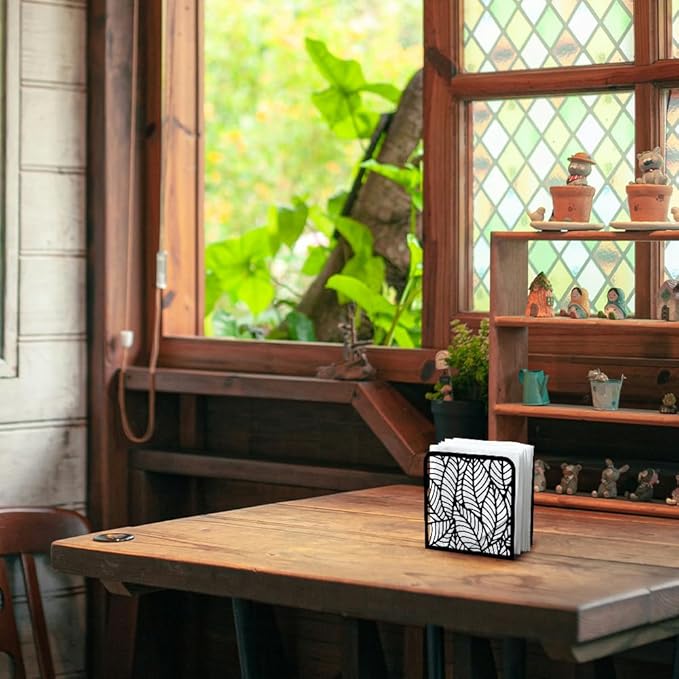 Morden Leaf Decorative Black Metal Napkin Holder for Table, 4.9" x 4.9" x 1.9" Standing Napkin Holder for Home Kitchen Restaurant Picnic Party Coffee Bar Dining Room