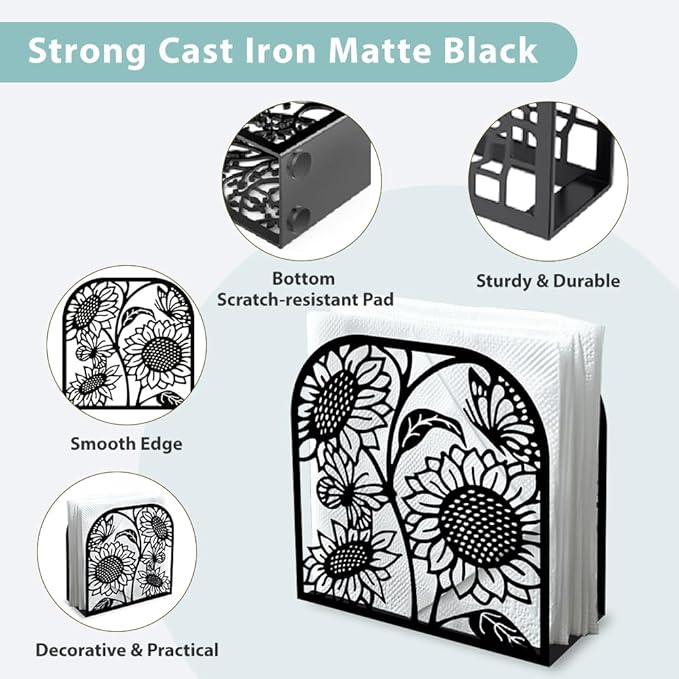 Sunflower and Butterfly Decorative Black Metal Napkin Holder for Table, 4.9" x 4.9" x 1.9" Standing Napkin Holder for Home Kitchen Restaurant Picnic Party Coffee Bar Dining Room