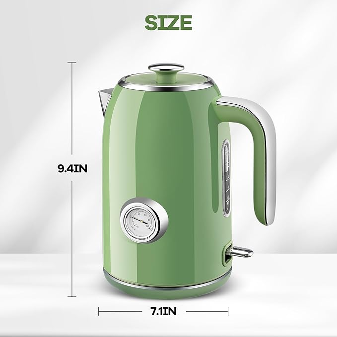 Pukomc Electric Kettle,1.7L Stainless Steel Electric tea kettle with Temperature Gauge, Fast Boiling, Auto Shut - off, BPA - Free, Boil - Dry Protection, (Retro Green)